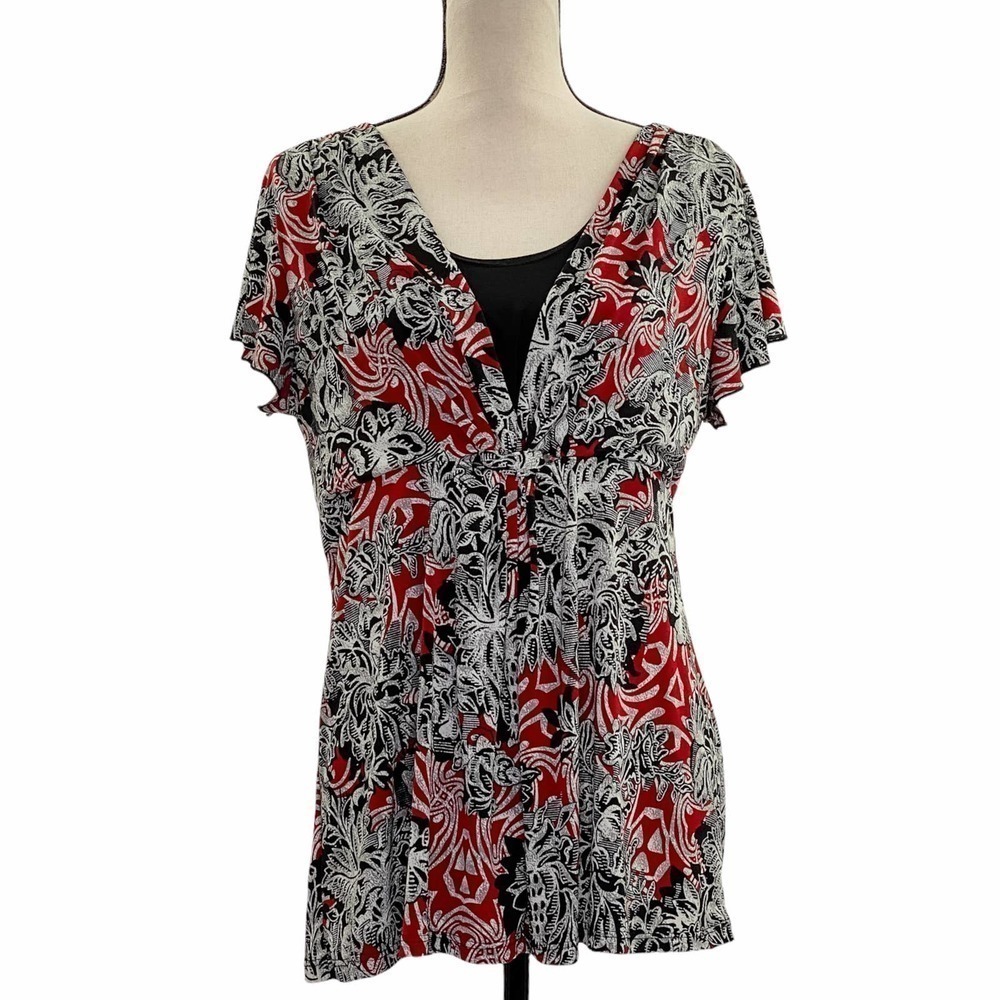 RED White & Black Printed Short Sleeve Blouse